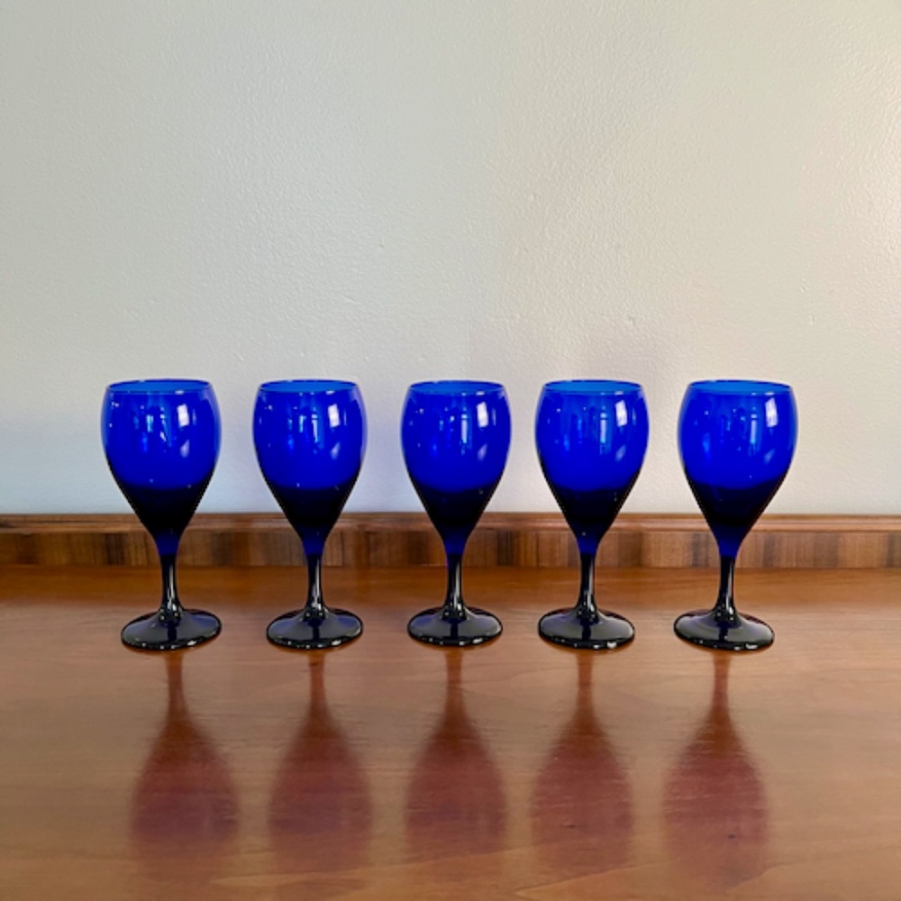 Set of 5 Vintage Libbey Teardrop Cobalt Blue Crystal Water Goblets/Wine Glasses